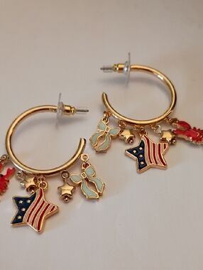 Gold Hoop Earrings with American Flag Star & Mint Bow Charms